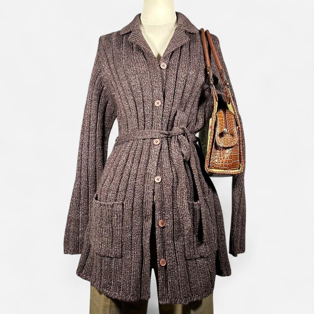 Vintage Fuzzy Ribbed Long Belted Cardigan Womens M Cottagecore Goblincore Cozy